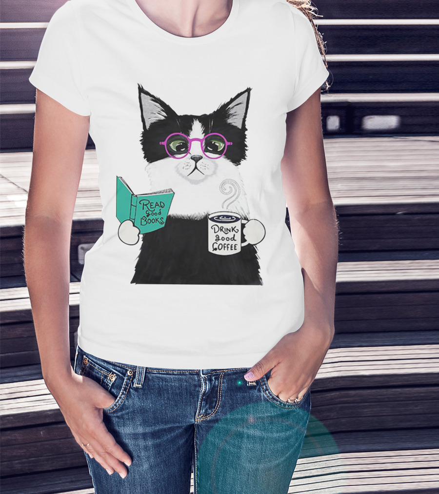 Read Good Books Drink Good Coffee Cat With Glasses T-Shirt