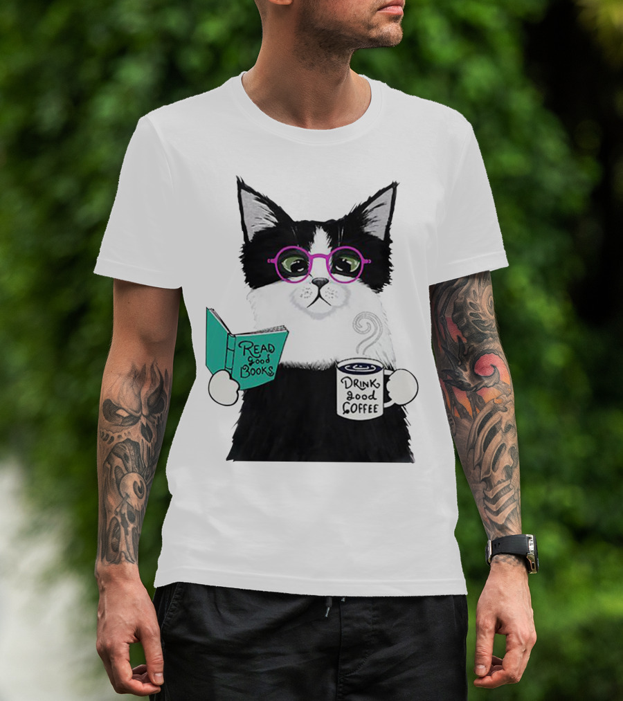 Read Good Books Drink Good Coffee Cat With Glasses T-Shirt