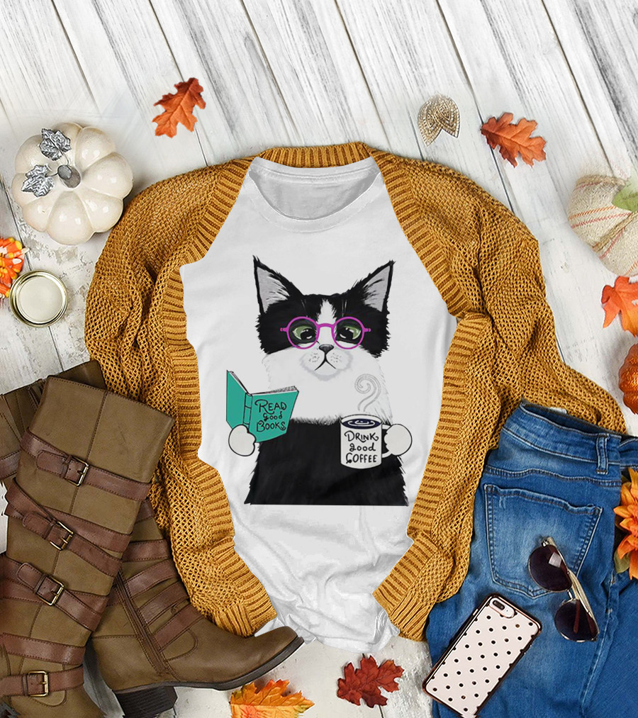Read Good Books Drink Good Coffee Cat with Glasses T-Shirt