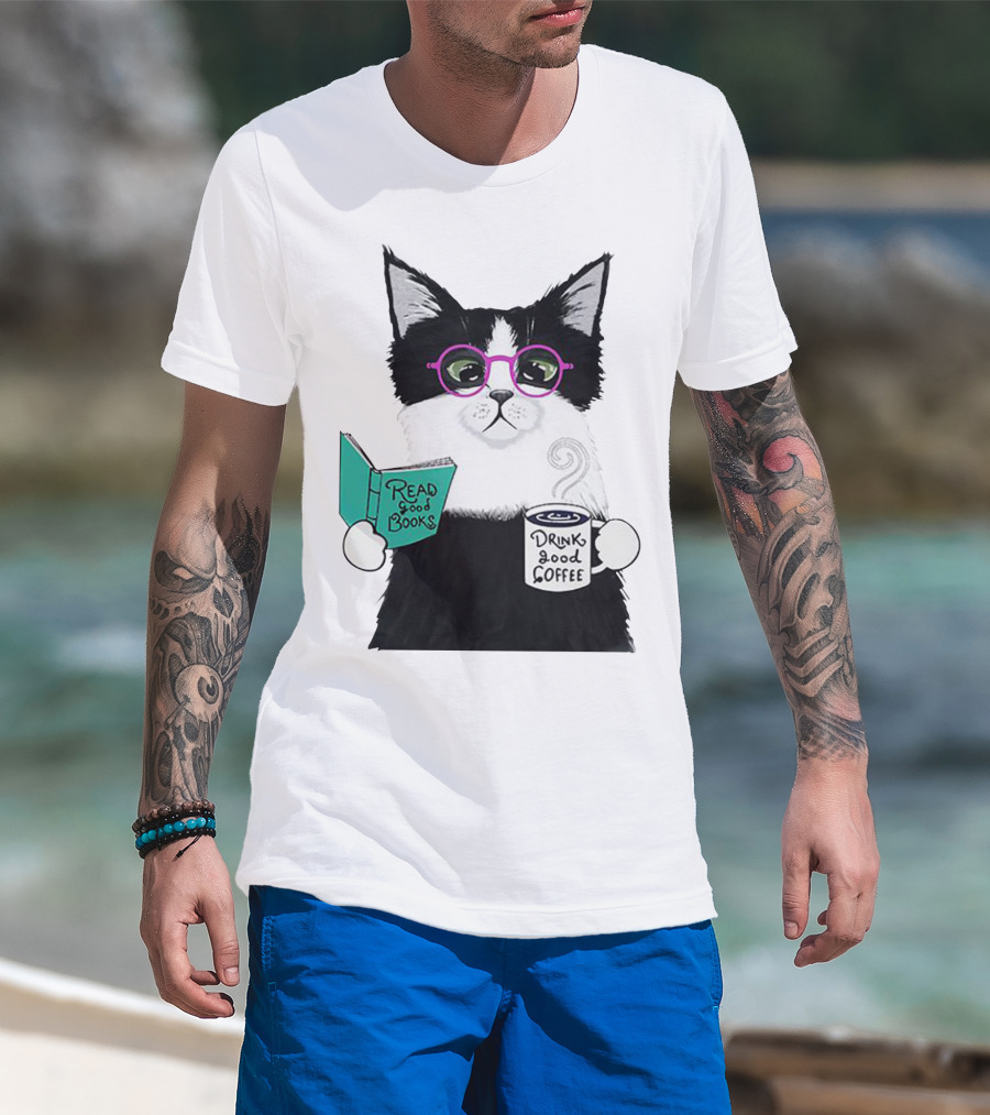 Read Good Books Drink Good Coffee Cat With Glasses T-Shirt