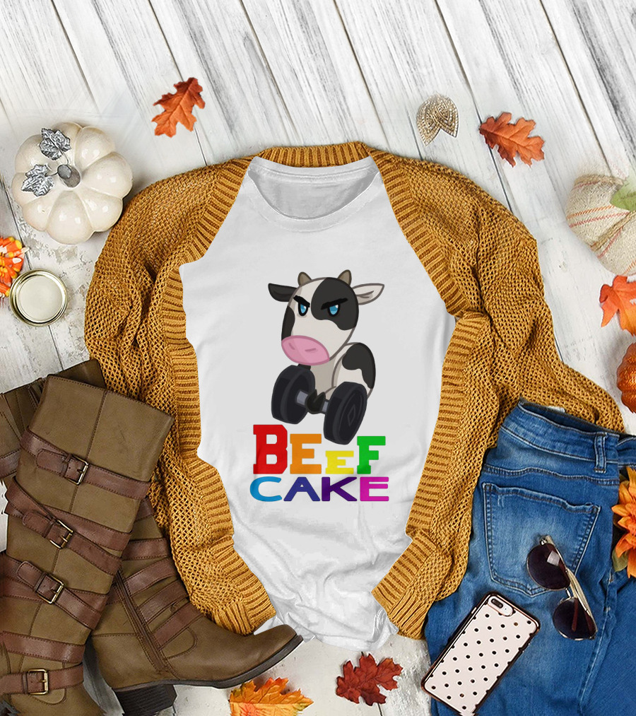 Beefcake Cow Lifting Dumbbells Cartoon T-Shirt