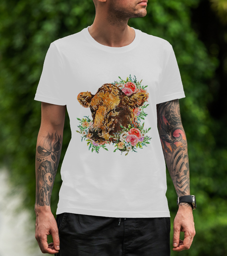Cow With Floral Accents And Cute Cow Flower Style Motif T-Shirt