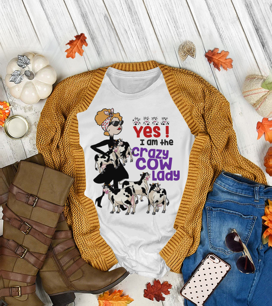 Yes I Am the Crazy Cow Lady with Cartoon Cows and Stylish Woman in Red Bandana and Sunglasses T-Shirt