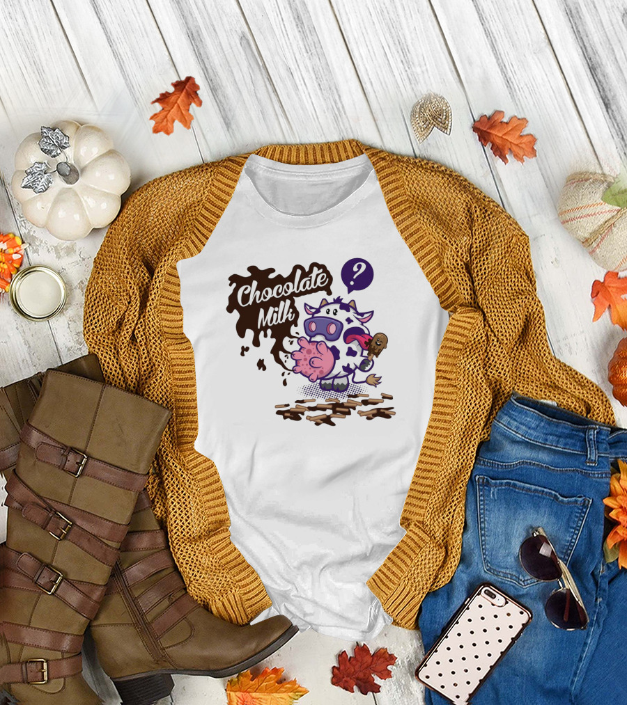 Chocolate Milk Cow Cartoon with Ice Cream and Question Mark by Squinked T-Shirt