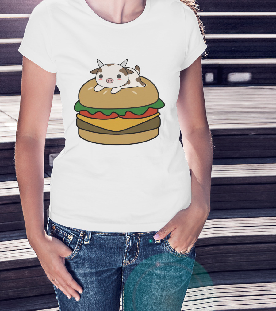 Funny Burger Cow Kawaii Cartoon Cheeseburger With Cute Animal Topping T-Shirt
