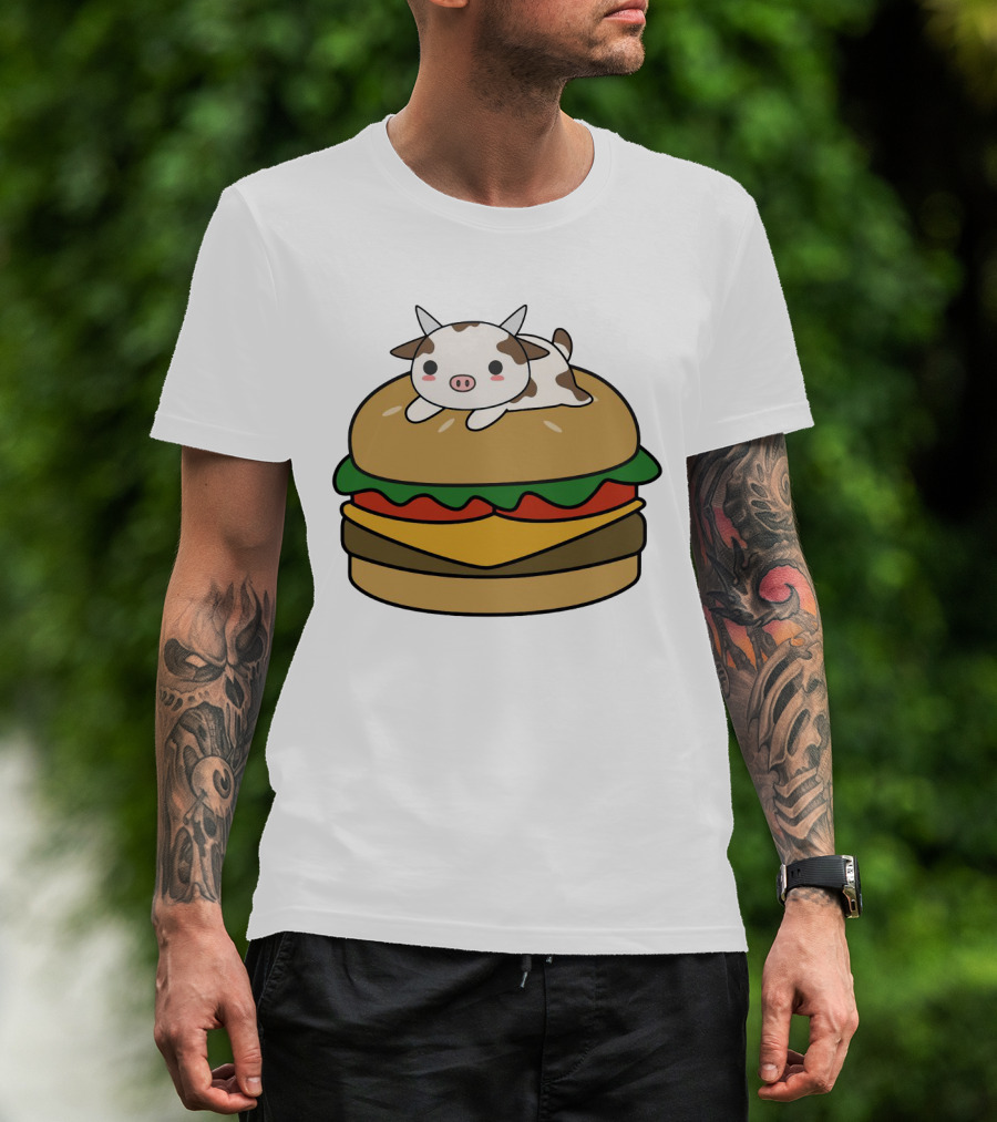 Funny Burger Cow Kawaii Cartoon Cheeseburger With Cute Animal Topping T-Shirt