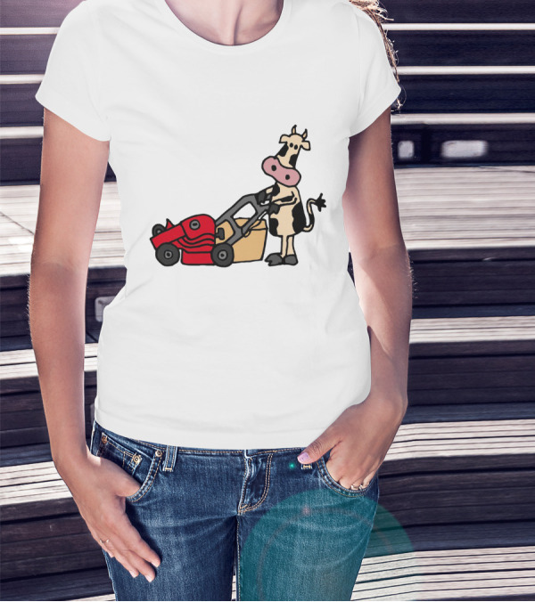 Funny Cow Mowing Grass Cartoon With Red Lawn Mower T-Shirt
