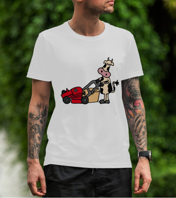 Funny Cow Mowing Grass Cartoon With Red Lawn Mower T-Shirt