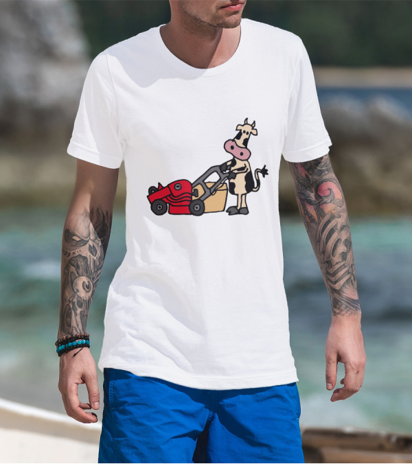 Funny Cow Mowing Grass Cartoon With Red Lawn Mower T-Shirt
