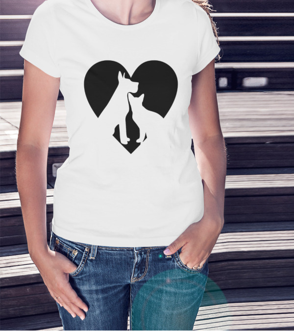 Love Animals Heart Silhouette Featuring Dog And Cat T-Shirt
