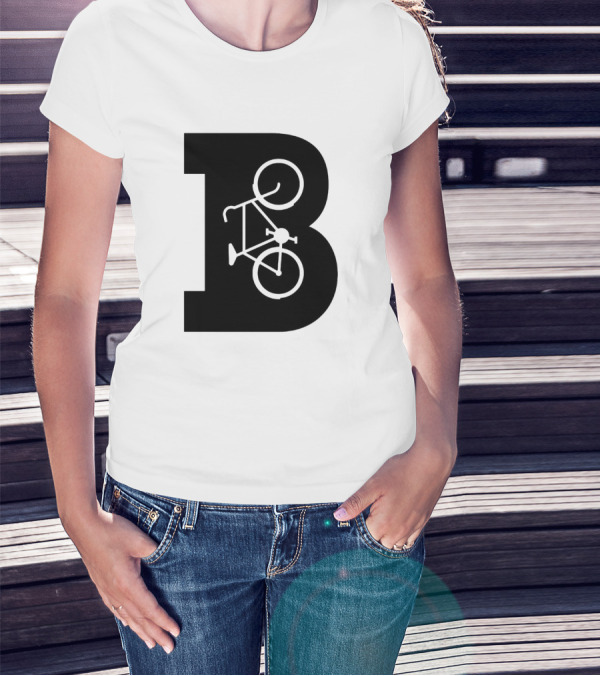 B Letter With Bicycle Motif Design In Bold Black T-Shirt
