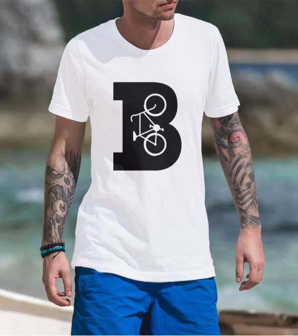 B Letter With Bicycle Motif Design In Bold Black T-Shirt