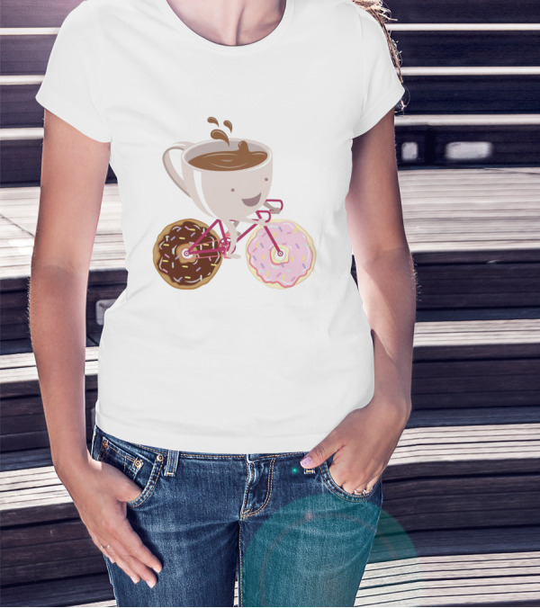 Happy Coffee Cup Riding Donut Bicycle Fun T-Shirt