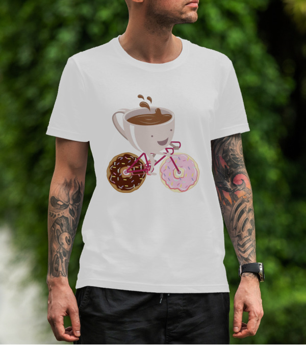Happy Coffee Cup Riding Donut Bicycle Fun T-Shirt