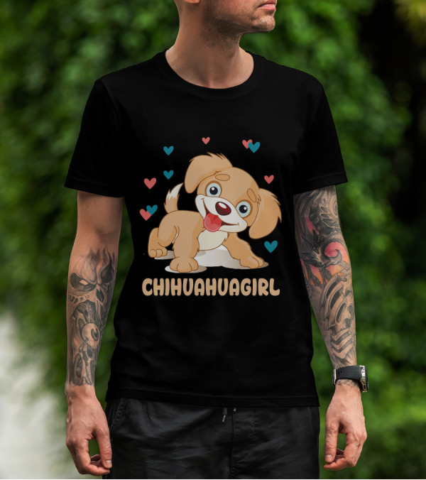 Chihuahuagirl Cute Cartoon Puppy Surrounded By Colorful Hearts T-Shirt