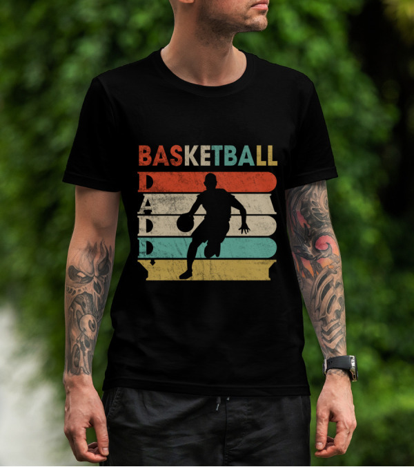 Basketball Daddy Retro Silhouette Player Vintage Stripes T-Shirt