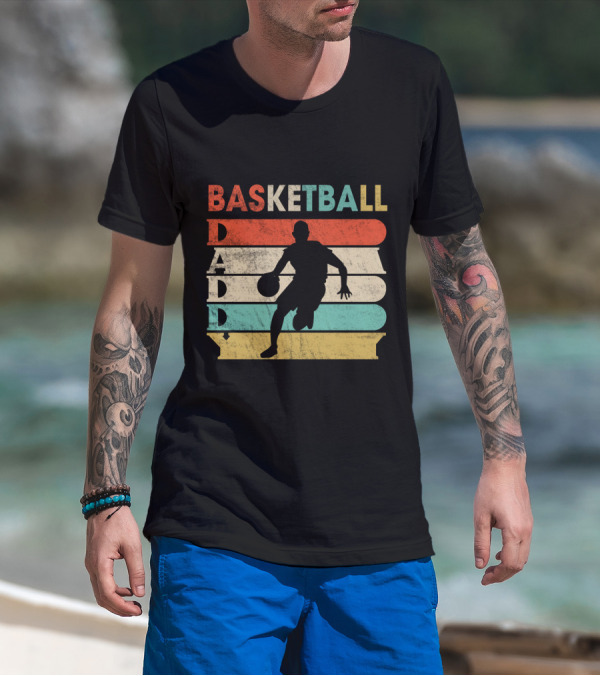 Basketball Daddy Retro Silhouette Player Vintage Stripes T-Shirt