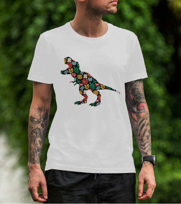 Floral Dinosaur Silhouette With Colorful Flowers T-Shirt