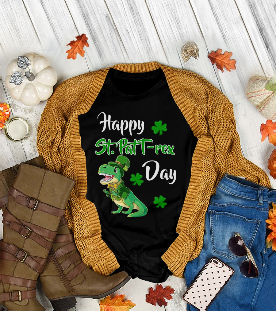 Happy St. Patrick's Day T-Rex Dinosaur with Shamrocks T-Shirt