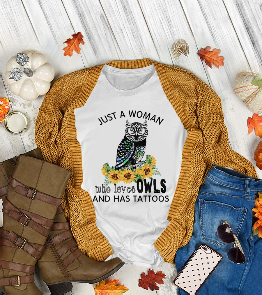Just a Woman Who Loves Owls and Has Tattoos with Colorful Flowers T-Shirt