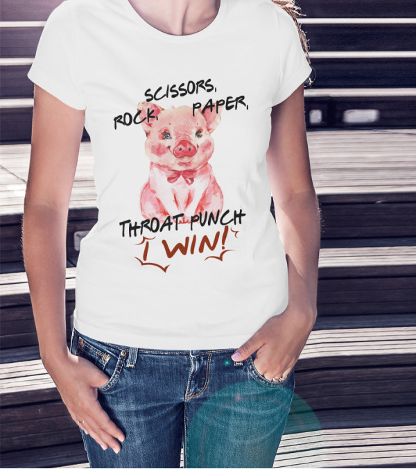 Scissors Rock Paper Throat Punch I Win Cute Pig Watercolor T-Shirt