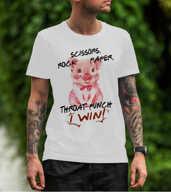 Scissors Rock Paper Throat Punch I Win Cute Pig Watercolor T-Shirt