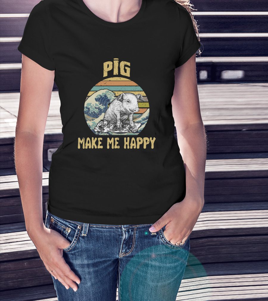 Pig Make Me Happy Retro Wave T-Shirt