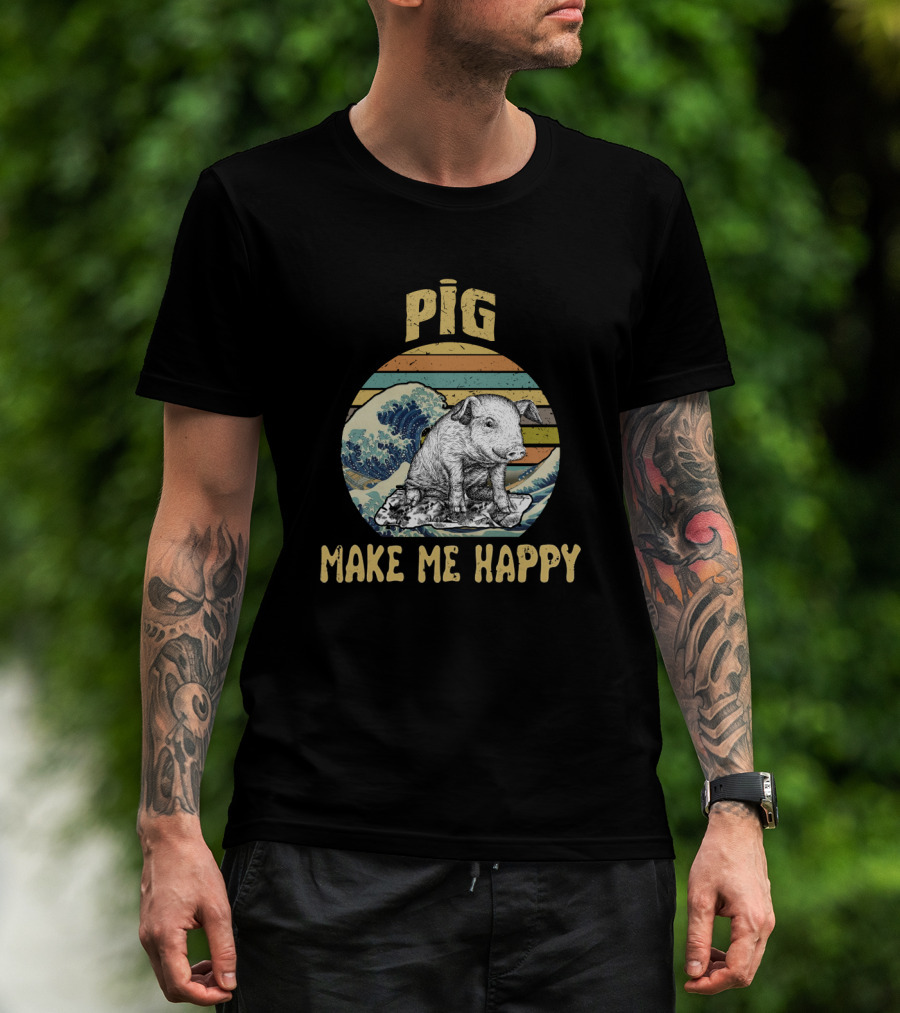 Pig Make Me Happy Retro Wave T-Shirt