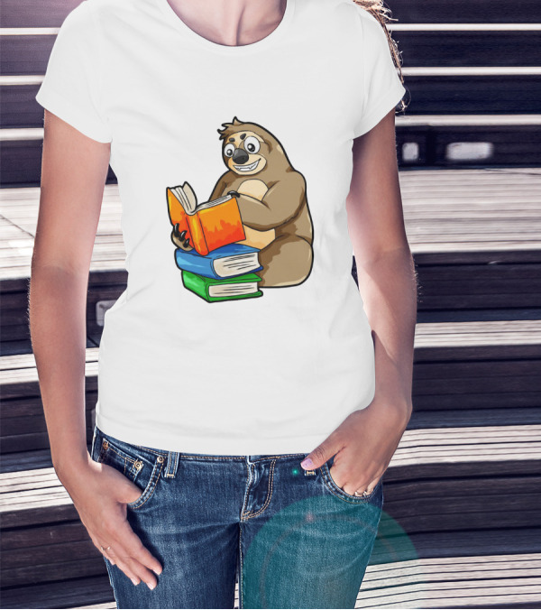Sloth Enjoying A Stack Of Colorful Books For Literacy And Knowledge Study T-Shirt