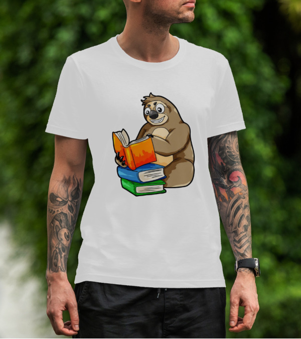 Sloth Enjoying A Stack Of Colorful Books For Literacy And Knowledge Study T-Shirt