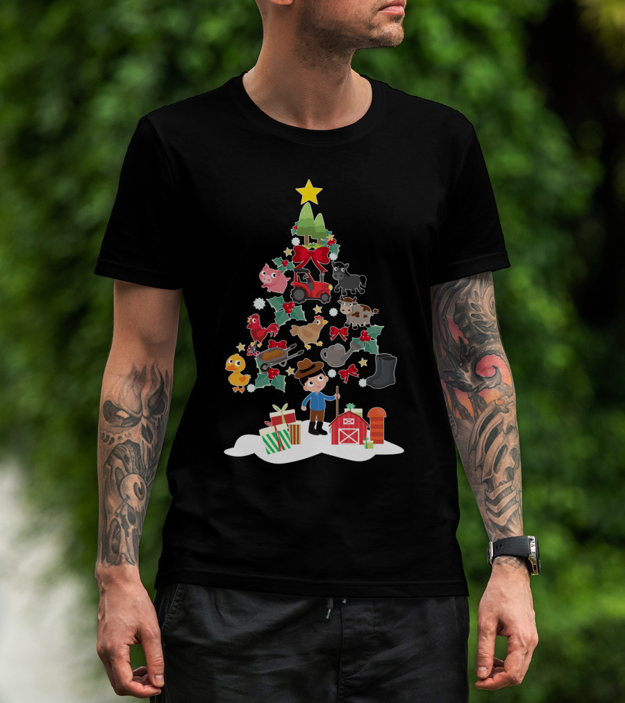 Farmer Christmas Tree With Farm Animals And Tractor T-Shirt