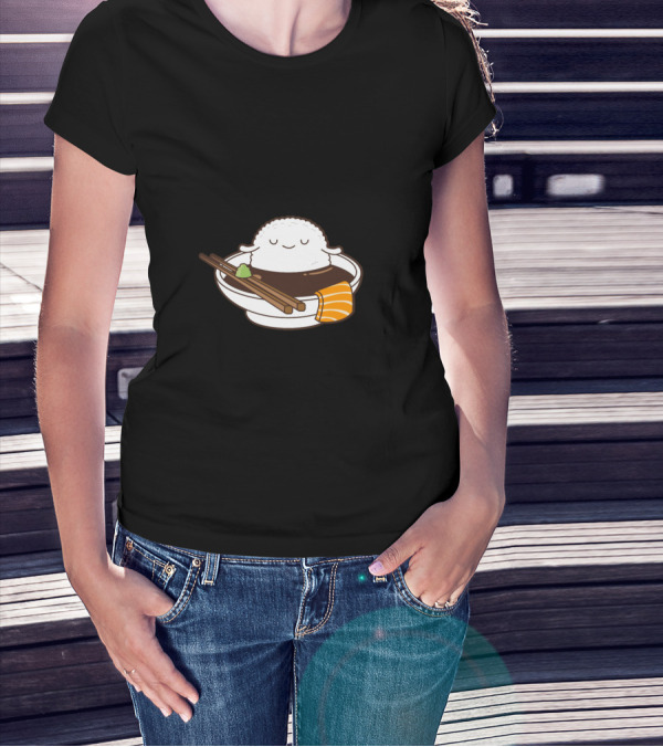 Sushi Bathing Cartoon Rice In Soy Sauce Bowl With Salmon And Chopsticks T-Shirt