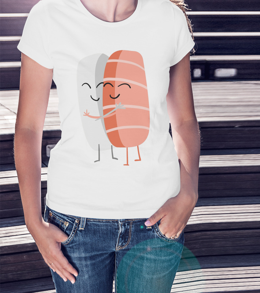 Kawaii Sushi Hugging Salmon Nigiri Cartoon T-Shirt
