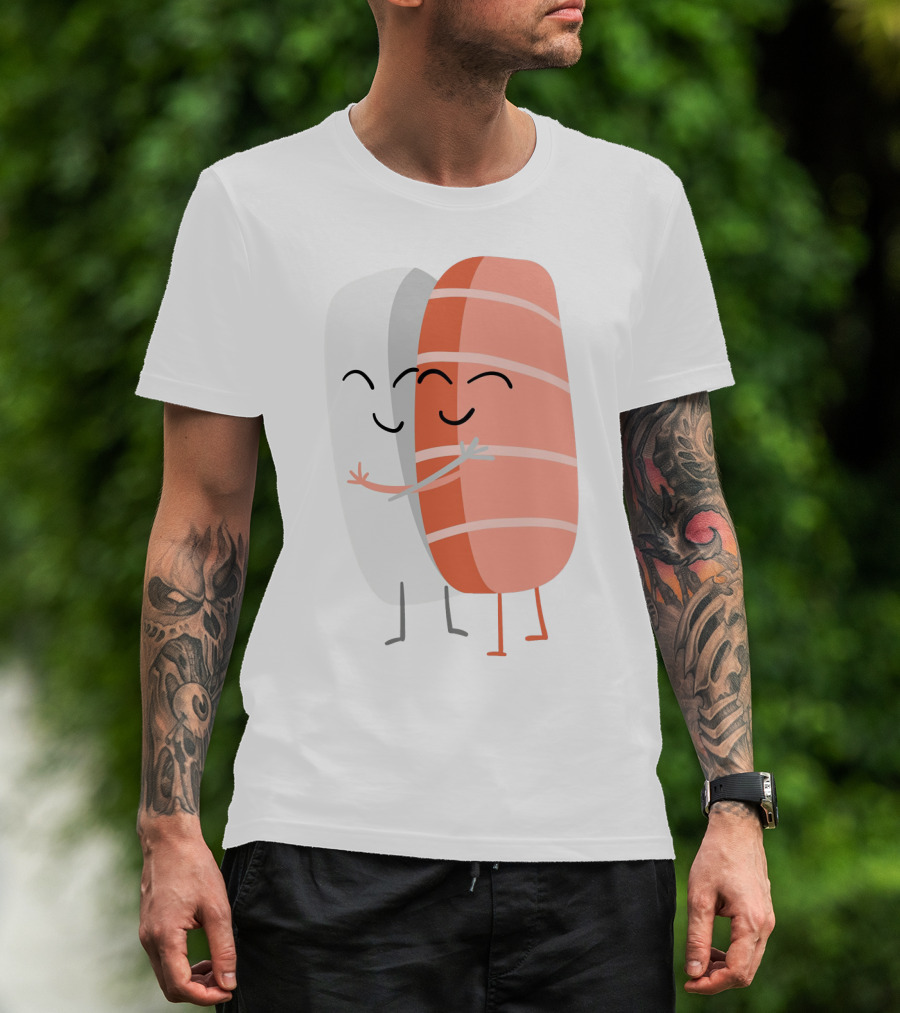Kawaii Sushi Hugging Salmon Nigiri Cartoon T-Shirt