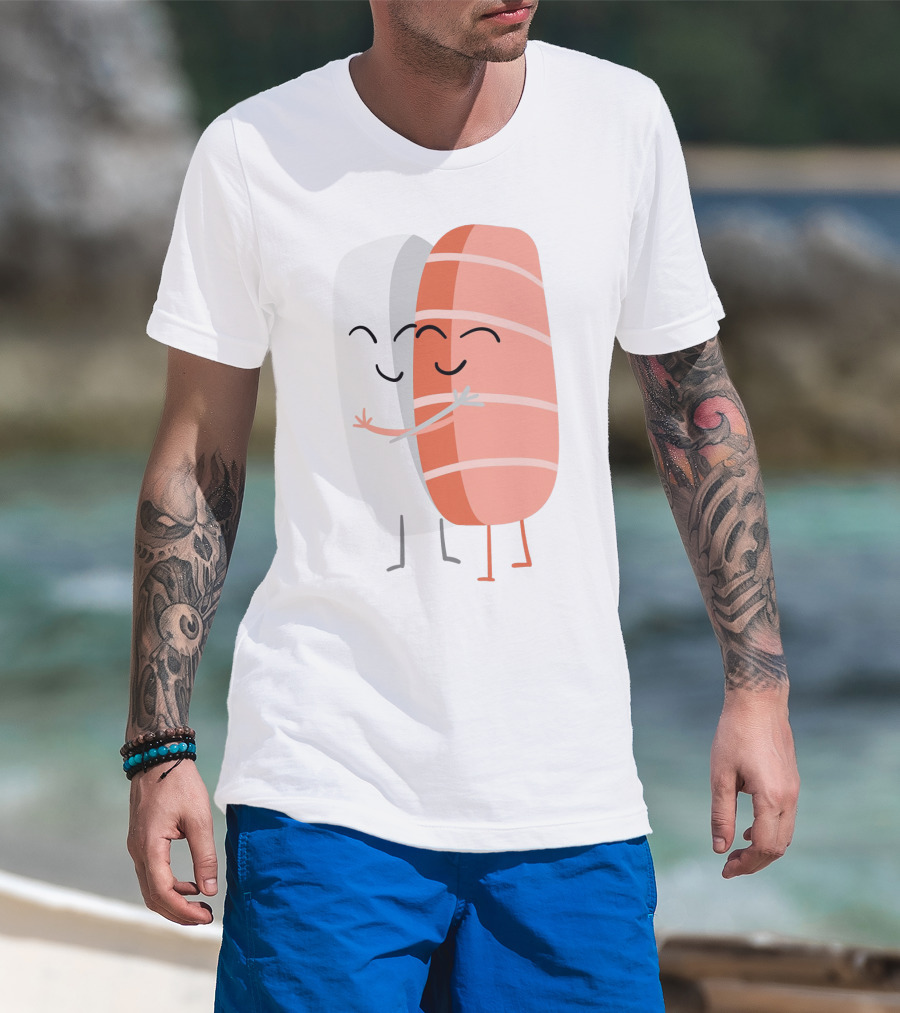 Kawaii Sushi Hugging Salmon Nigiri Cartoon T-Shirt