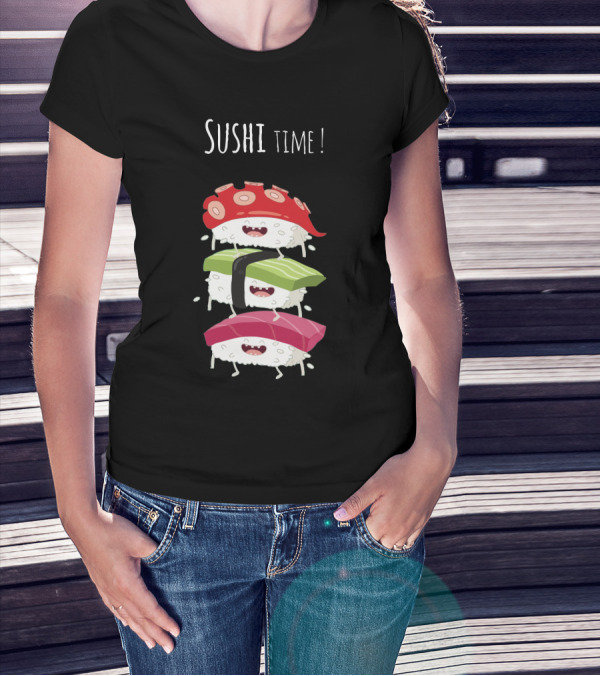 Sushi Time Funny Animated Sushi Stack With Smiling Rice Characters T-Shirt