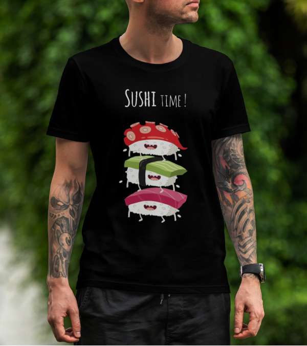Sushi Time Funny Animated Sushi Stack With Smiling Rice Characters T-Shirt