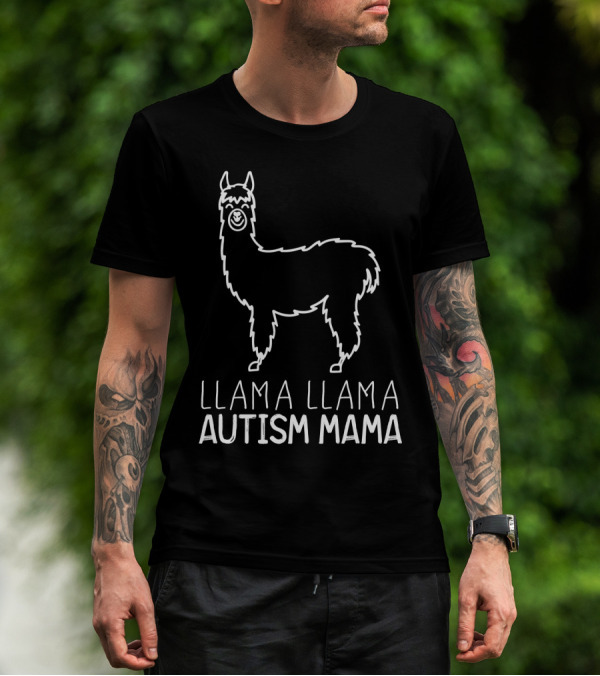 Llama Llama Autism Mama White Outline T-Shirt