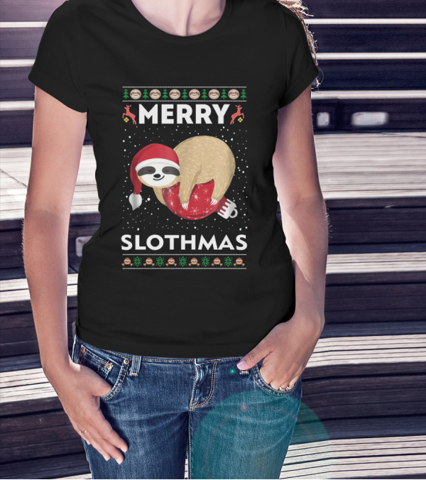 Merry Slothmas Ugly Christmas Sweater Sloth Holiday Festive Santa Hat T-Shirt