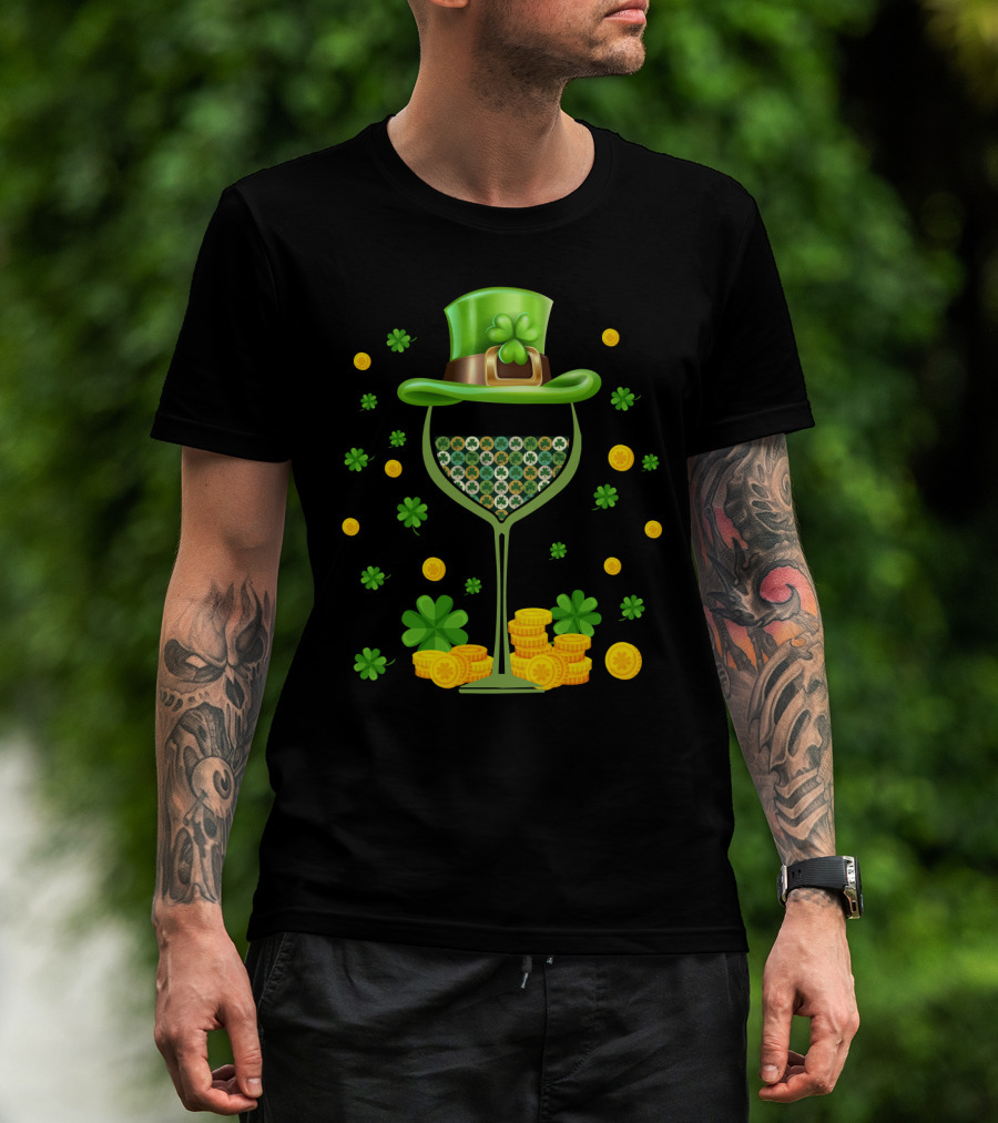 Patrick's Day Wine Glasses Leprechaun Hat Clover Coins T-Shirt
