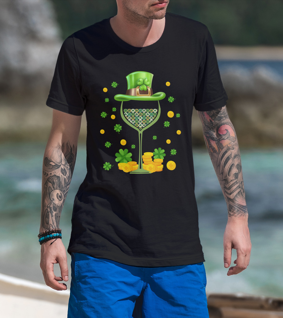 Patrick's Day Wine Glasses Leprechaun Hat Clover Coins T-Shirt