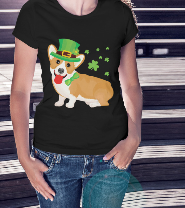 Corgi St Patrick's Day Lucky Shamrocks And Green Leprechaun Hat T-Shirt