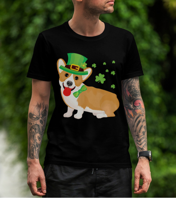 Corgi St Patrick's Day Lucky Shamrocks And Green Leprechaun Hat T-Shirt