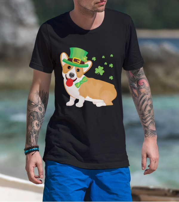 Corgi St Patrick's Day Lucky Shamrocks And Green Leprechaun Hat T-Shirt