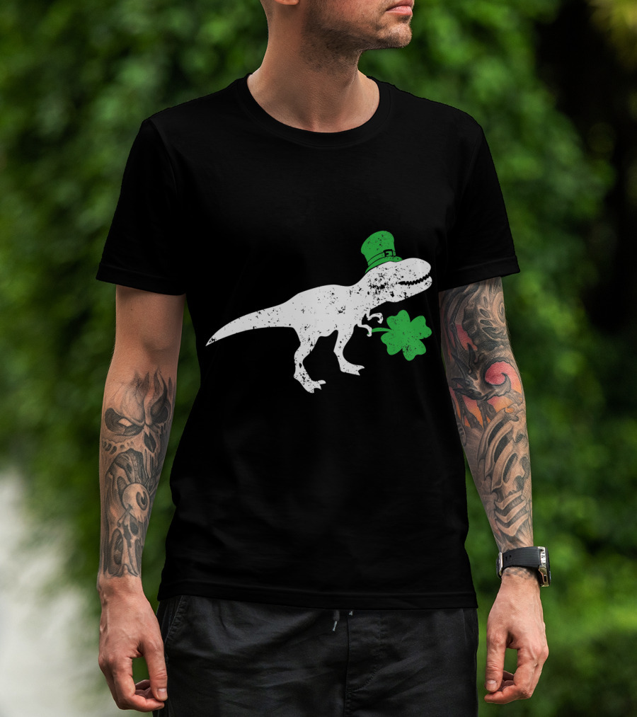 T-Rex Dinosaur With Leprechaun Hat And Shamrock For St Patricks Day T-Shirt