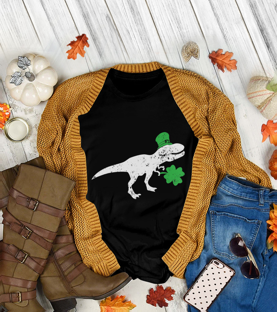 T-Rex Dinosaur with Leprechaun Hat and Shamrock for St Patricks Day T-Shirt