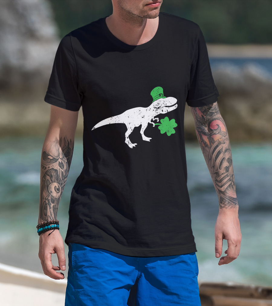 T-Rex Dinosaur With Leprechaun Hat And Shamrock For St Patricks Day T-Shirt