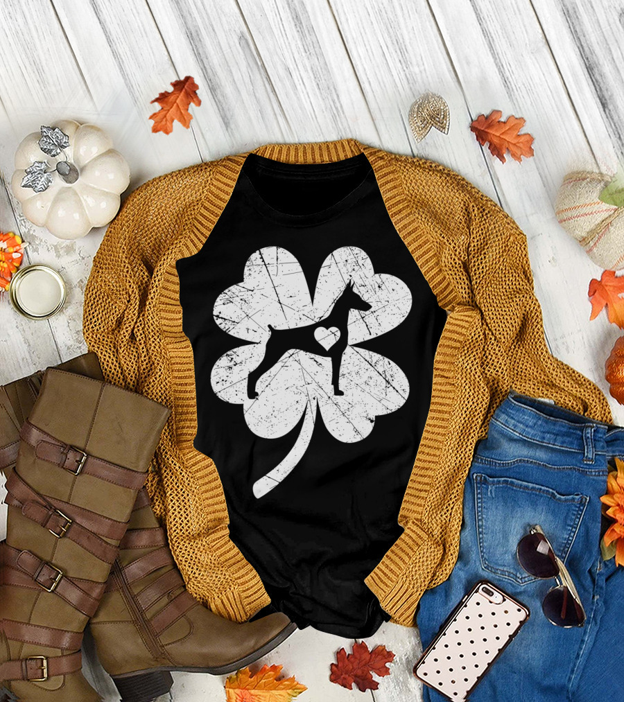 Doberman Silhouette Heart Shamrock Clover St Patricks Day Irish T-Shirt
