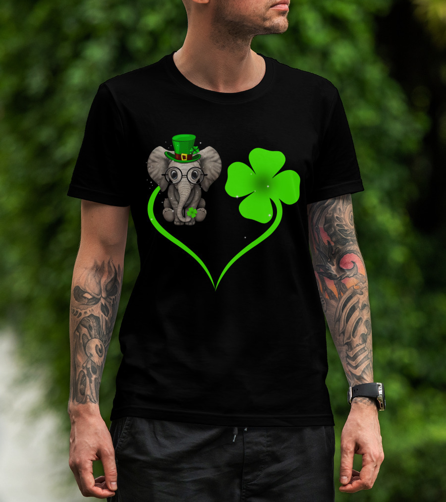 Elephant Wearing St. Patrick's Day Hat With Four-Leaf Clover And Heart-Shaped Shamrock Love T-Shirt