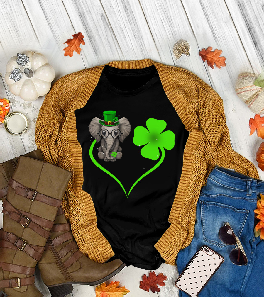 Elephant Wearing St. Patrick's Day Hat with Four-Leaf Clover and Heart-Shaped Shamrock Love T-Shirt